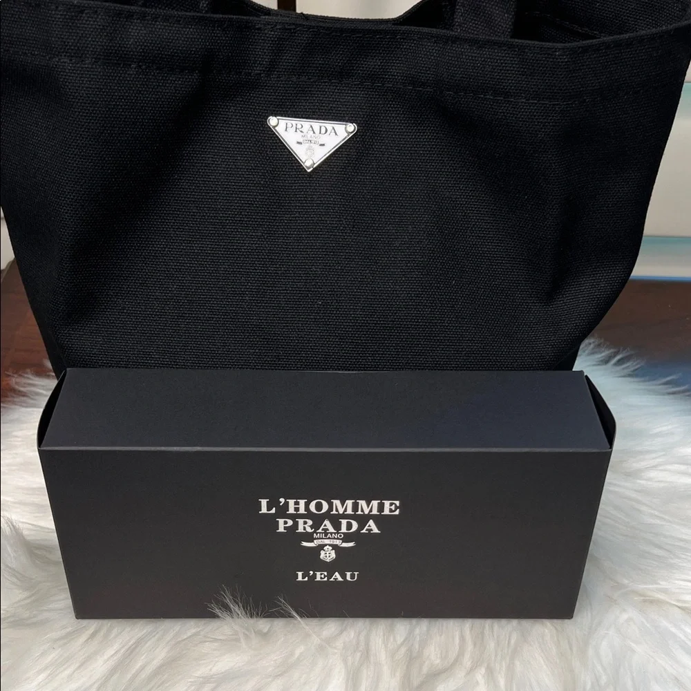 PRADA Beauty L'HOMME Milano L'EAU Black Mini Tote Canvas Bag Box PRADA Logo NWOT - Picture 11 of 17